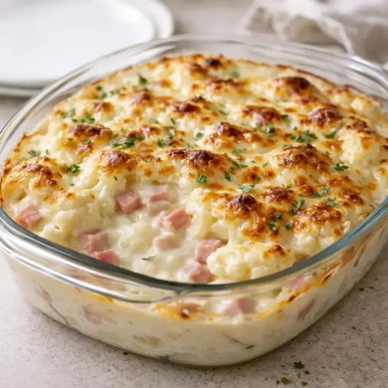 Oven-Baked Cauliflower Gratin with Ham and Light Bechamel Sauce