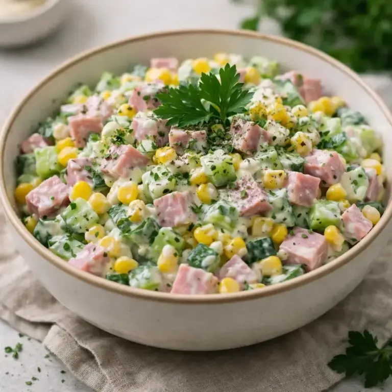 Creamy Ham, Cucumber, and Corn Salad with Lemon Mayo Dressing